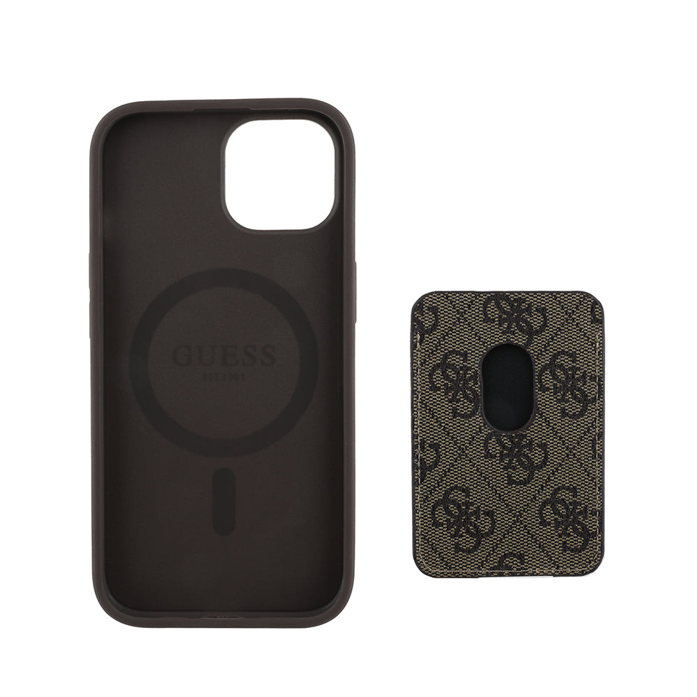 Apple iPhone 15 Kılıf Guess Orjinal Lisanslı M-safe Şarj Özellikli 4G Desenli Çizgili Kartlıklı Kapak Siyah