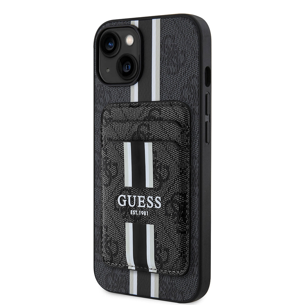 Apple iPhone 15 Kılıf Guess Orjinal Lisanslı M-safe Şarj Özellikli 4G Desenli Çizgili Kartlıklı Kapak Siyah