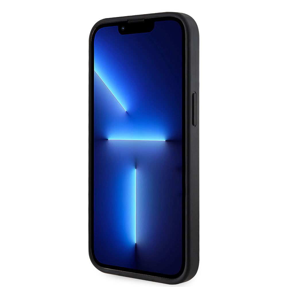 Apple iPhone 15 Kılıf Guess Orjinal Lisanslı M-safe Şarj Özellikli 4G Desenli Çizgili Kartlıklı Kapak Siyah
