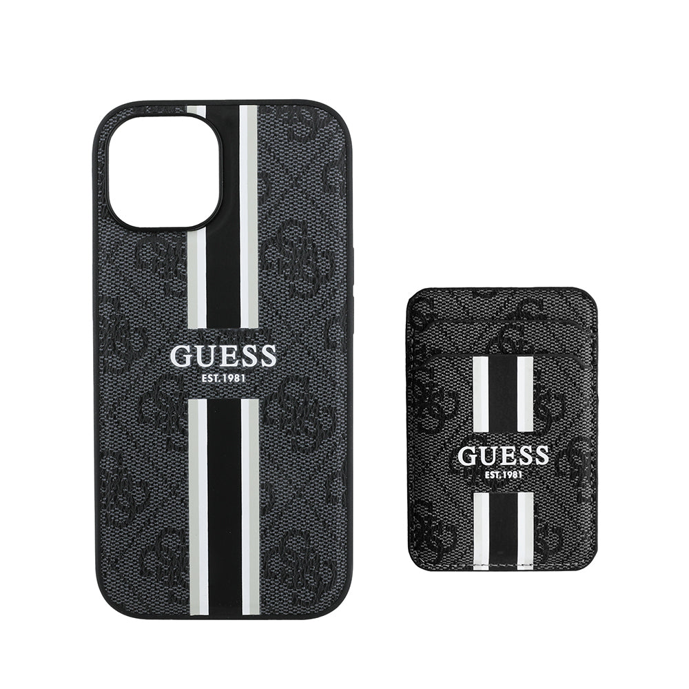 Apple iPhone 15 Kılıf Guess Orjinal Lisanslı M-safe Şarj Özellikli 4G Desenli Çizgili Kartlıklı Kapak Siyah
