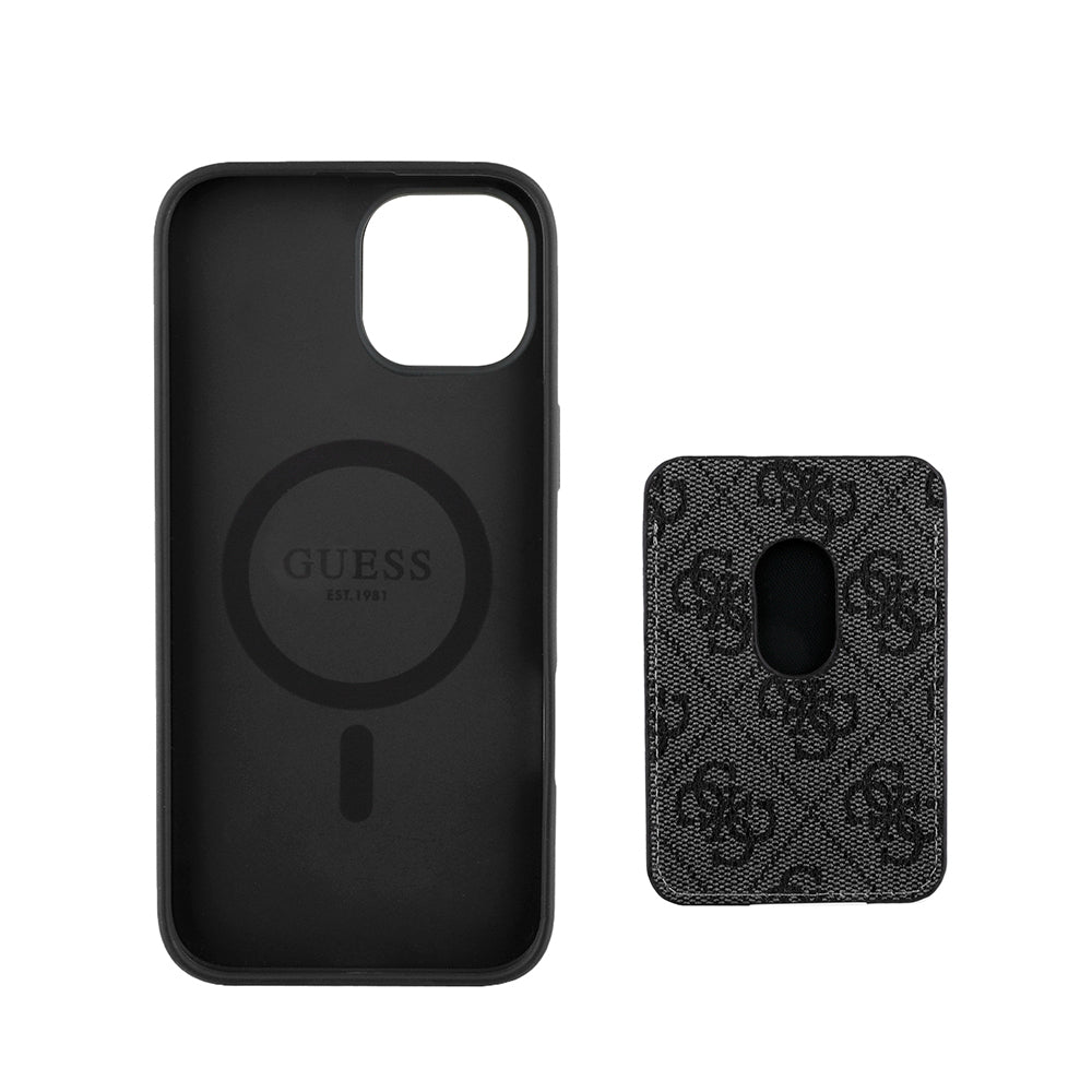 Apple iPhone 15 Kılıf Guess Orjinal Lisanslı M-safe Şarj Özellikli 4G Desenli Çizgili Kartlıklı Kapak Siyah