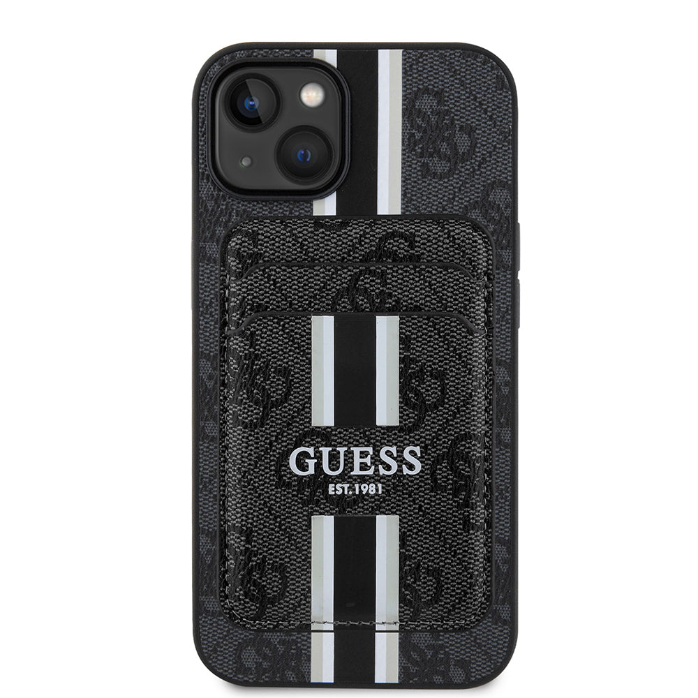 Apple iPhone 15 Kılıf Guess Orjinal Lisanslı M-safe Şarj Özellikli 4G Desenli Çizgili Kartlıklı Kapak Siyah