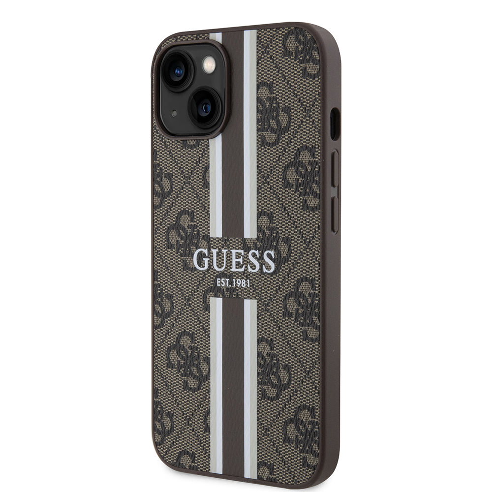 Apple iPhone 15 Kılıf Guess Orjinal Lisanslı Magsafe Şarj Özellikli 4G Şerit Tasarımlı Printed Kapak Kahverengi