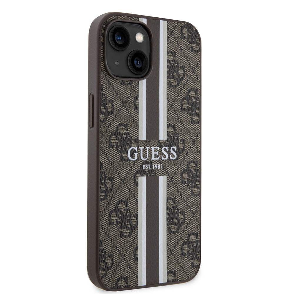 Apple iPhone 15 Kılıf Guess Orjinal Lisanslı Magsafe Şarj Özellikli 4G Şerit Tasarımlı Printed Kapak Kahverengi