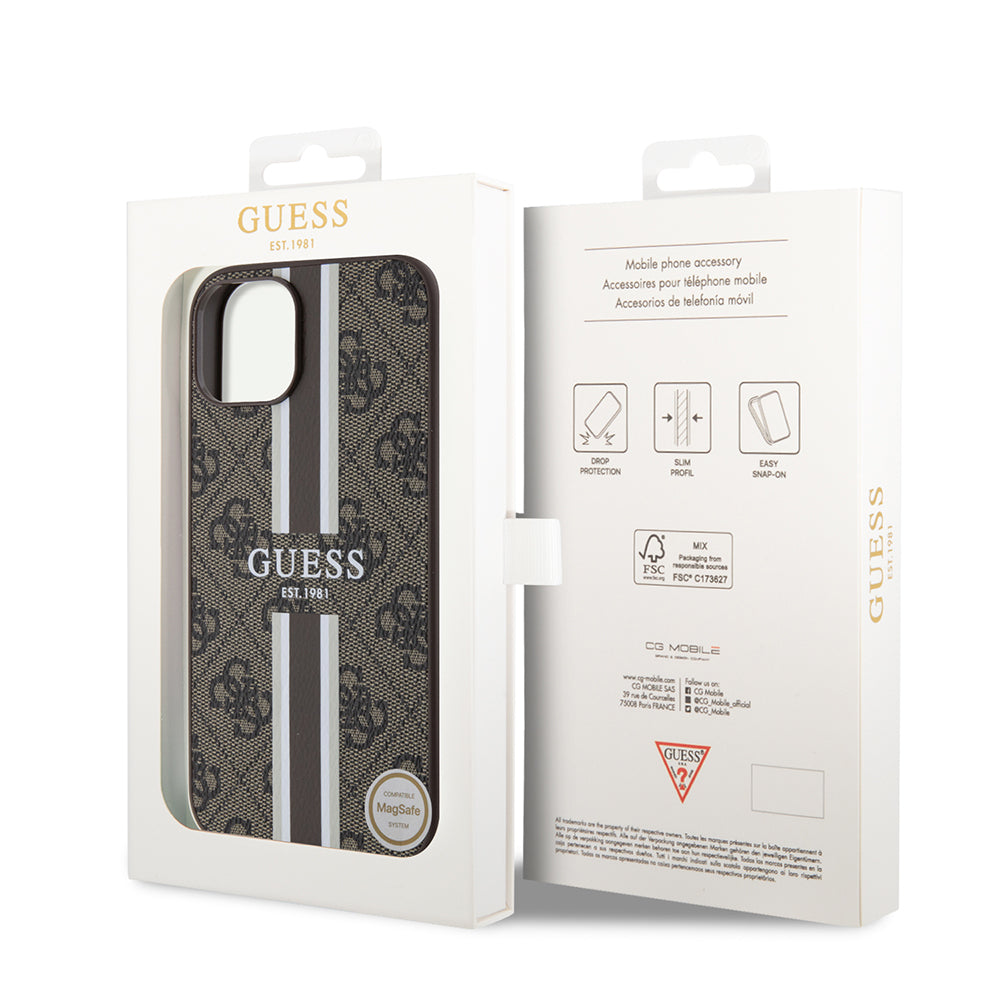 Apple iPhone 15 Kılıf Guess Orjinal Lisanslı Magsafe Şarj Özellikli 4G Şerit Tasarımlı Printed Kapak Kahverengi