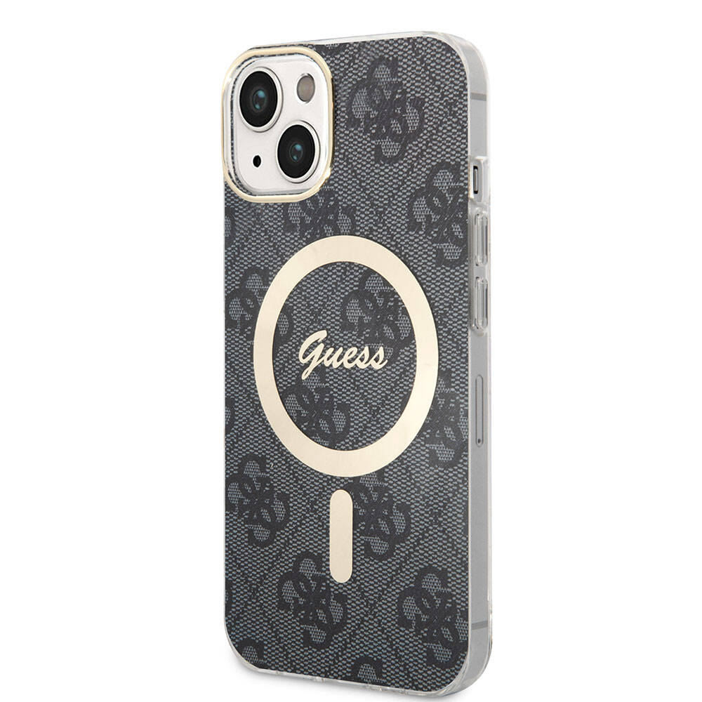 Apple iPhone 15 Kılıf Guess Orjinal Lisanslı Magsafe Şarj Özellikli Yazı Logolu 4G Desenli Kapak Siyah