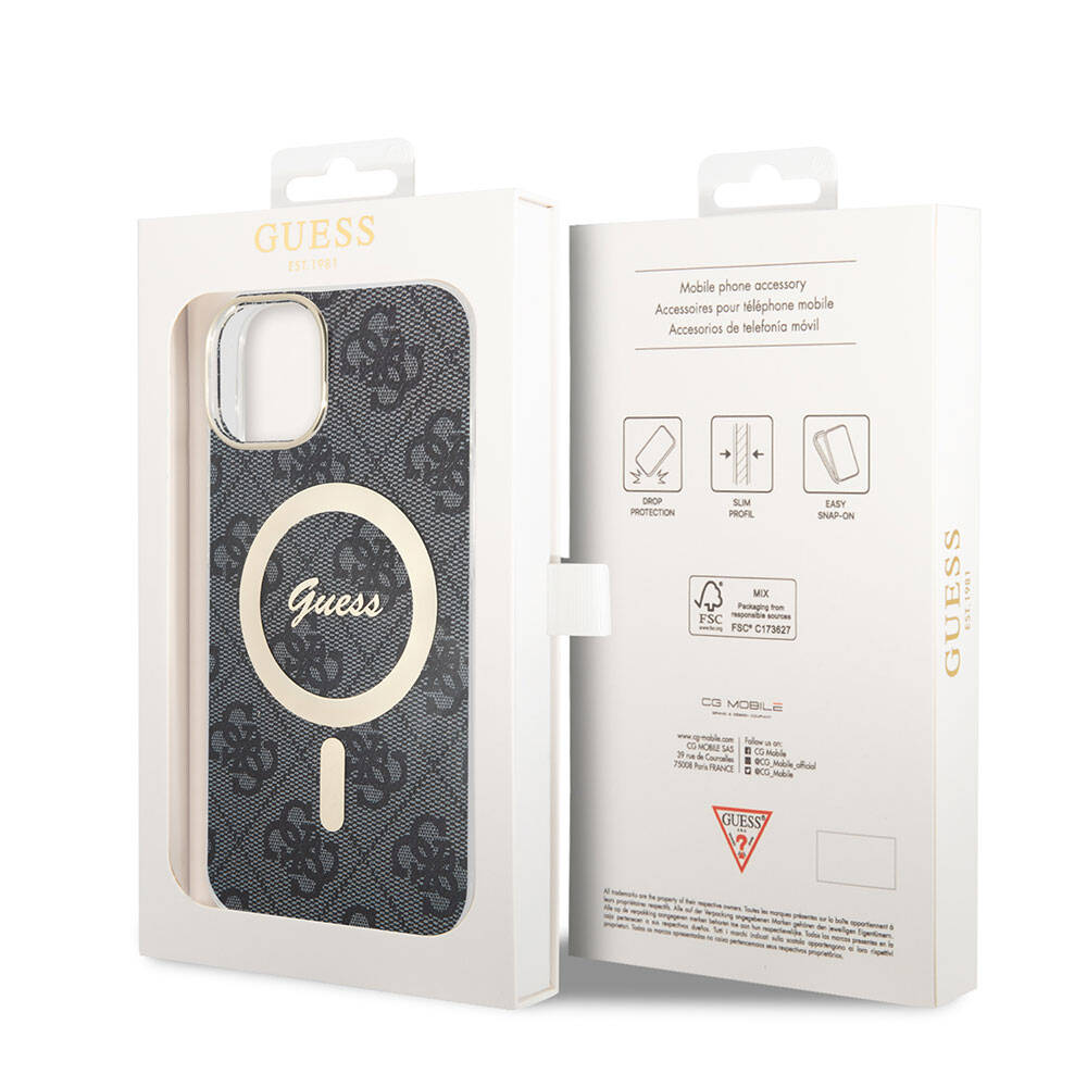 Apple iPhone 15 Kılıf Guess Orjinal Lisanslı Magsafe Şarj Özellikli Yazı Logolu 4G Desenli Kapak Siyah