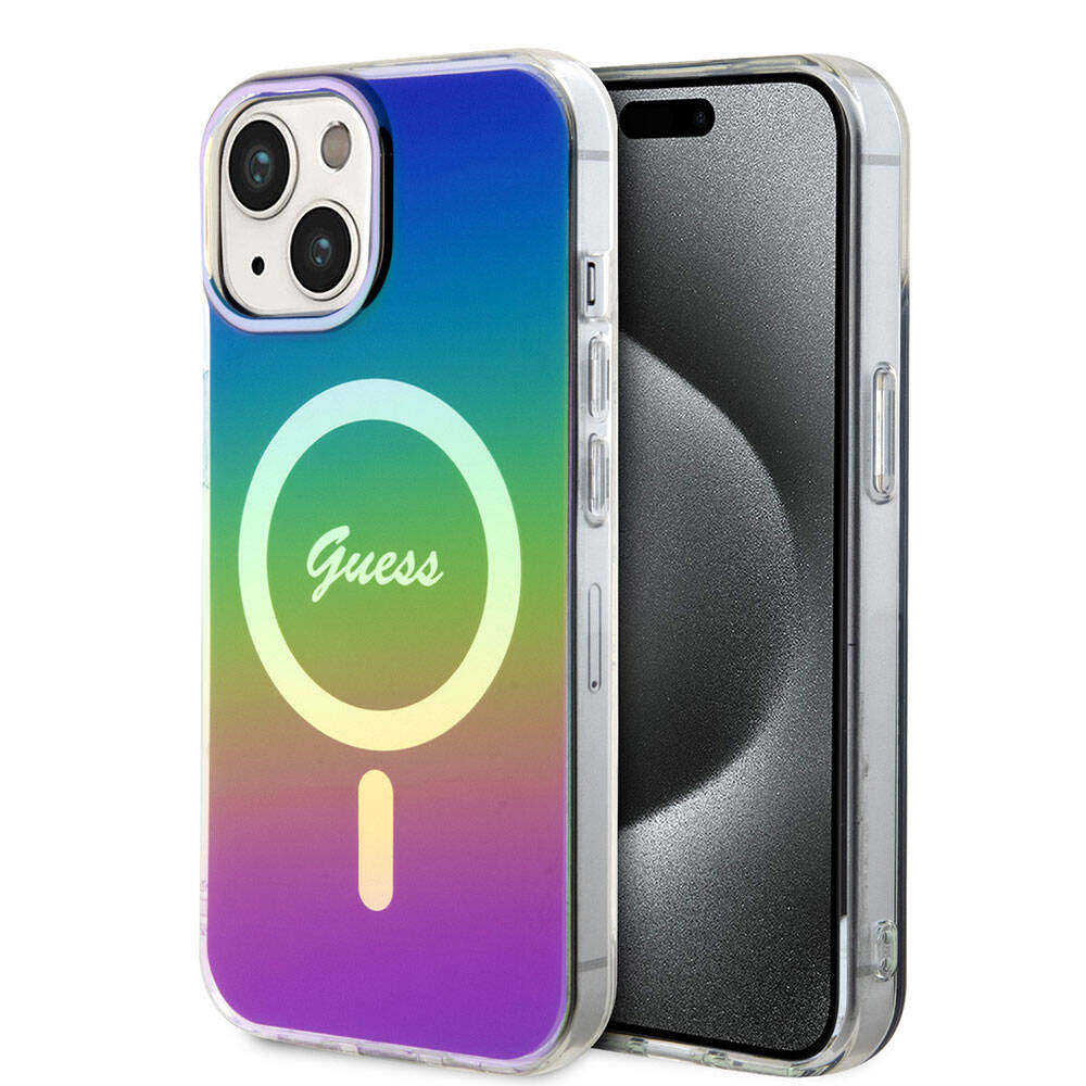 Apple iPhone 15 Kılıf Guess Orjinal Lisanslı Magsafe Şarj Özellikli Yazı Logolu Iridescent Kapak Siyah