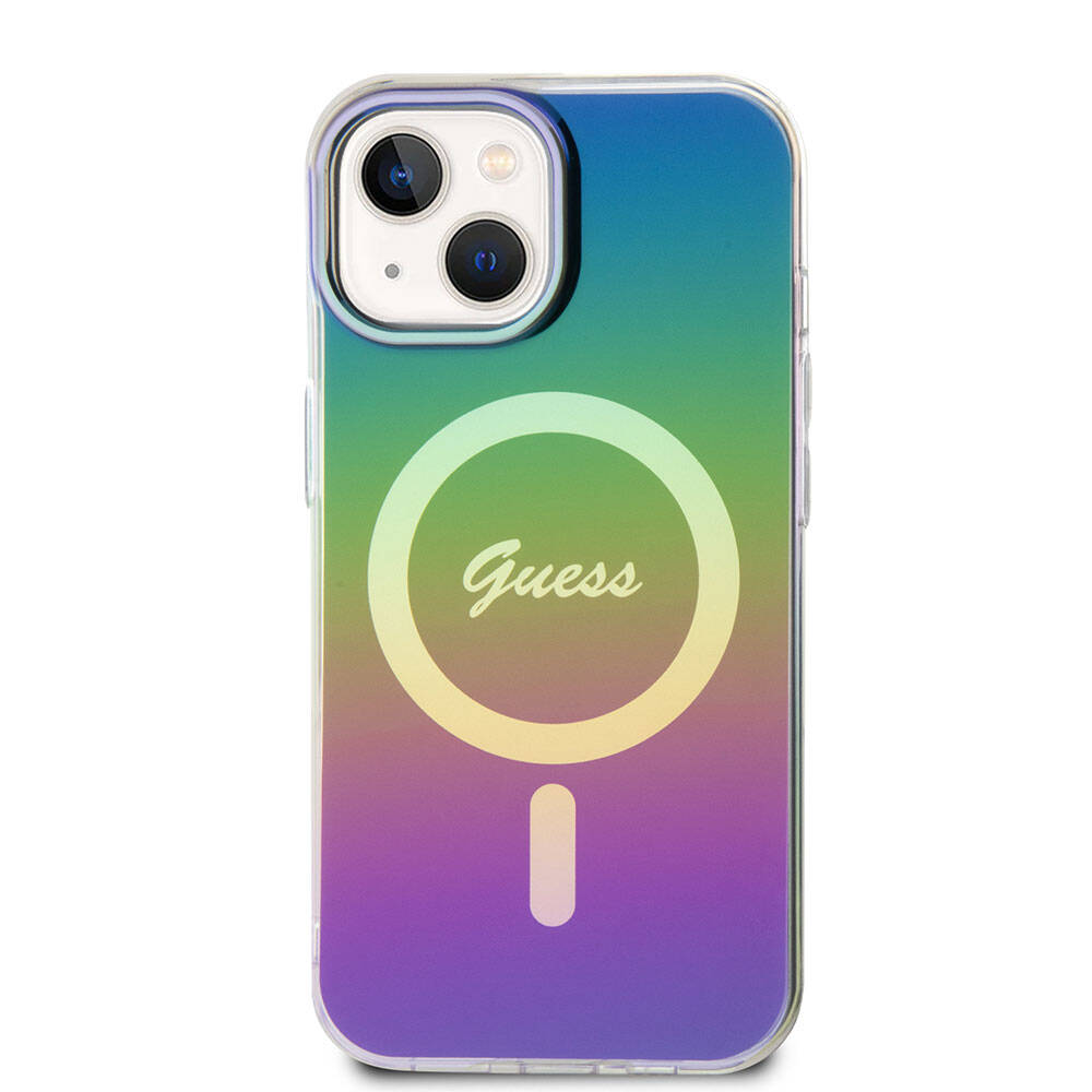 Apple iPhone 15 Kılıf Guess Orjinal Lisanslı Magsafe Şarj Özellikli Yazı Logolu Iridescent Kapak Siyah