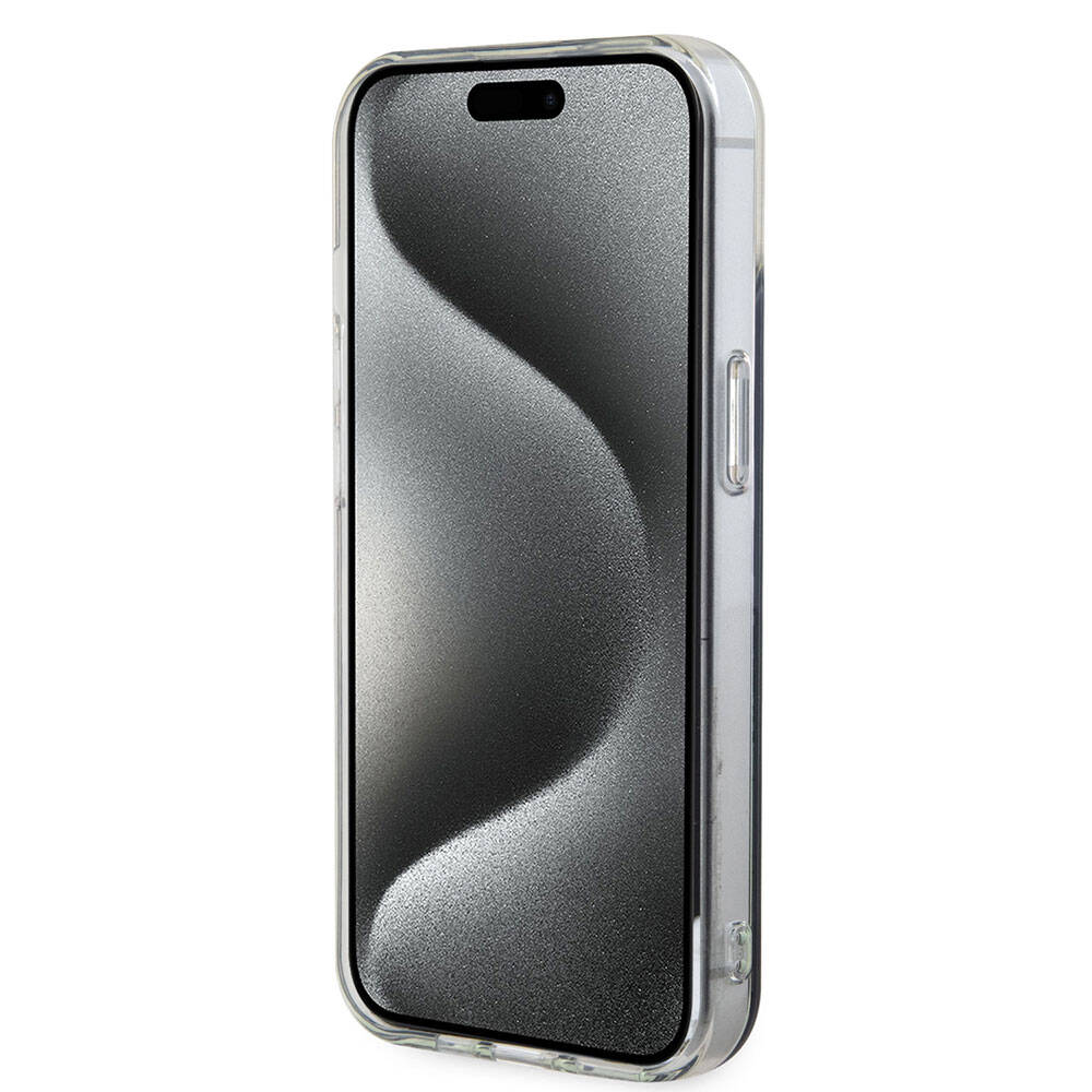 Apple iPhone 15 Kılıf Guess Orjinal Lisanslı Magsafe Şarj Özellikli Yazı Logolu Iridescent Kapak Siyah