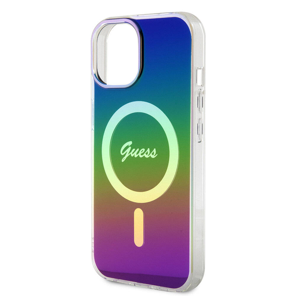 Apple iPhone 15 Kılıf Guess Orjinal Lisanslı Magsafe Şarj Özellikli Yazı Logolu Iridescent Kapak Siyah