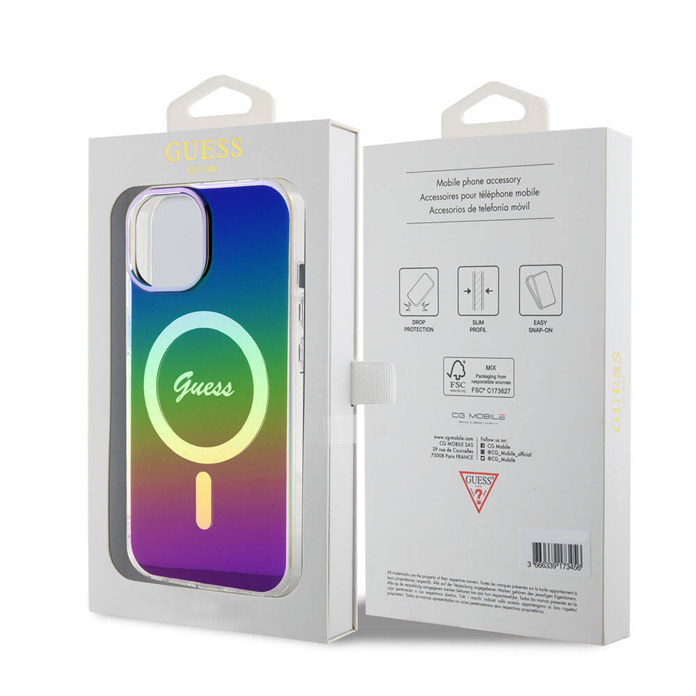 Apple iPhone 15 Kılıf Guess Orjinal Lisanslı Magsafe Şarj Özellikli Yazı Logolu Iridescent Kapak Siyah