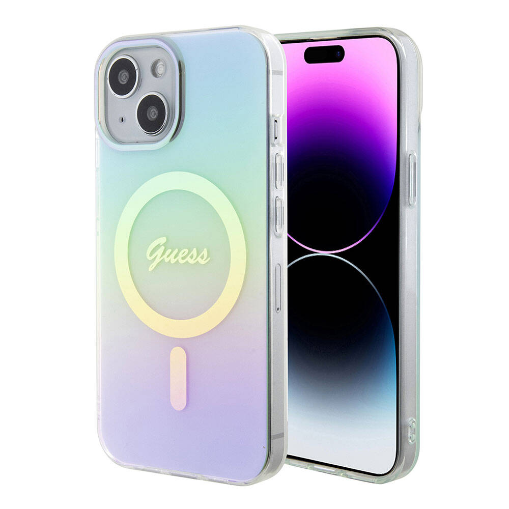 Apple iPhone 15 Kılıf Guess Orjinal Lisanslı Magsafe Şarj Özellikli Yazı Logolu Iridescent Kapak Siyah