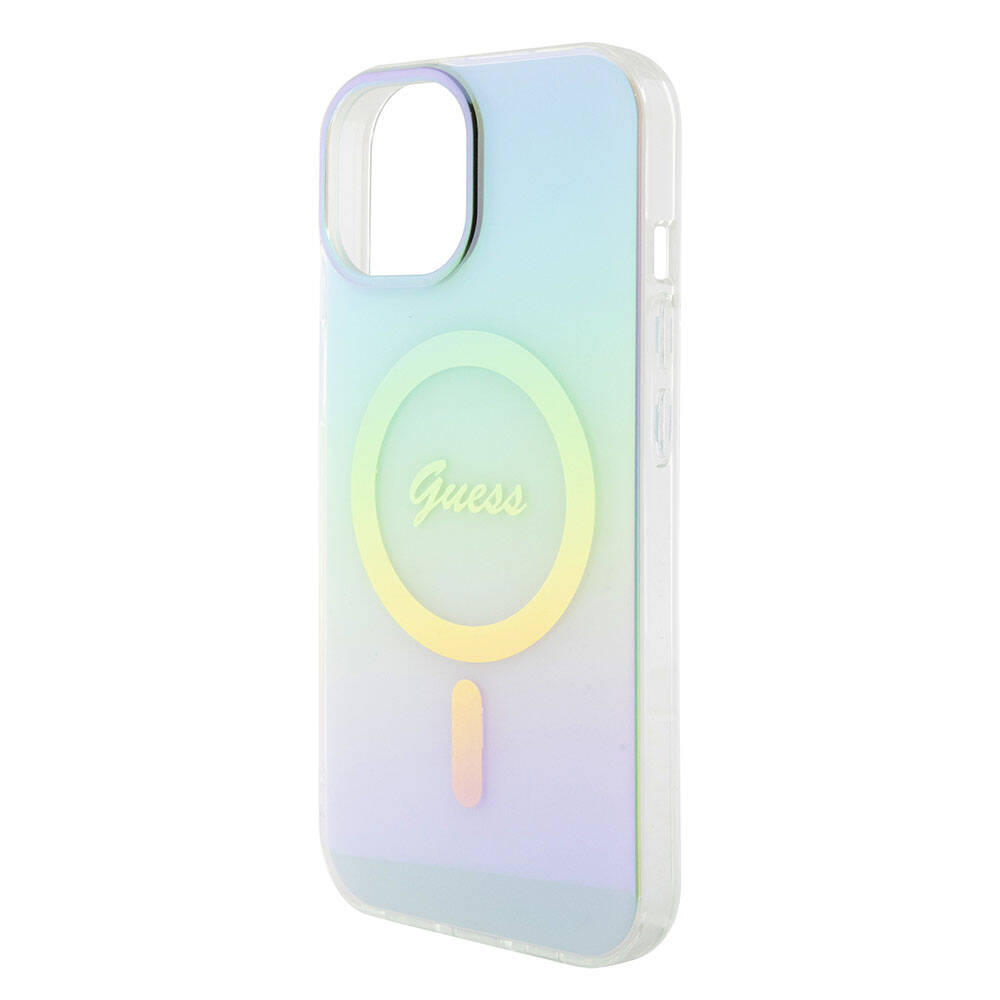 Apple iPhone 15 Kılıf Guess Orjinal Lisanslı Magsafe Şarj Özellikli Yazı Logolu Iridescent Kapak Siyah