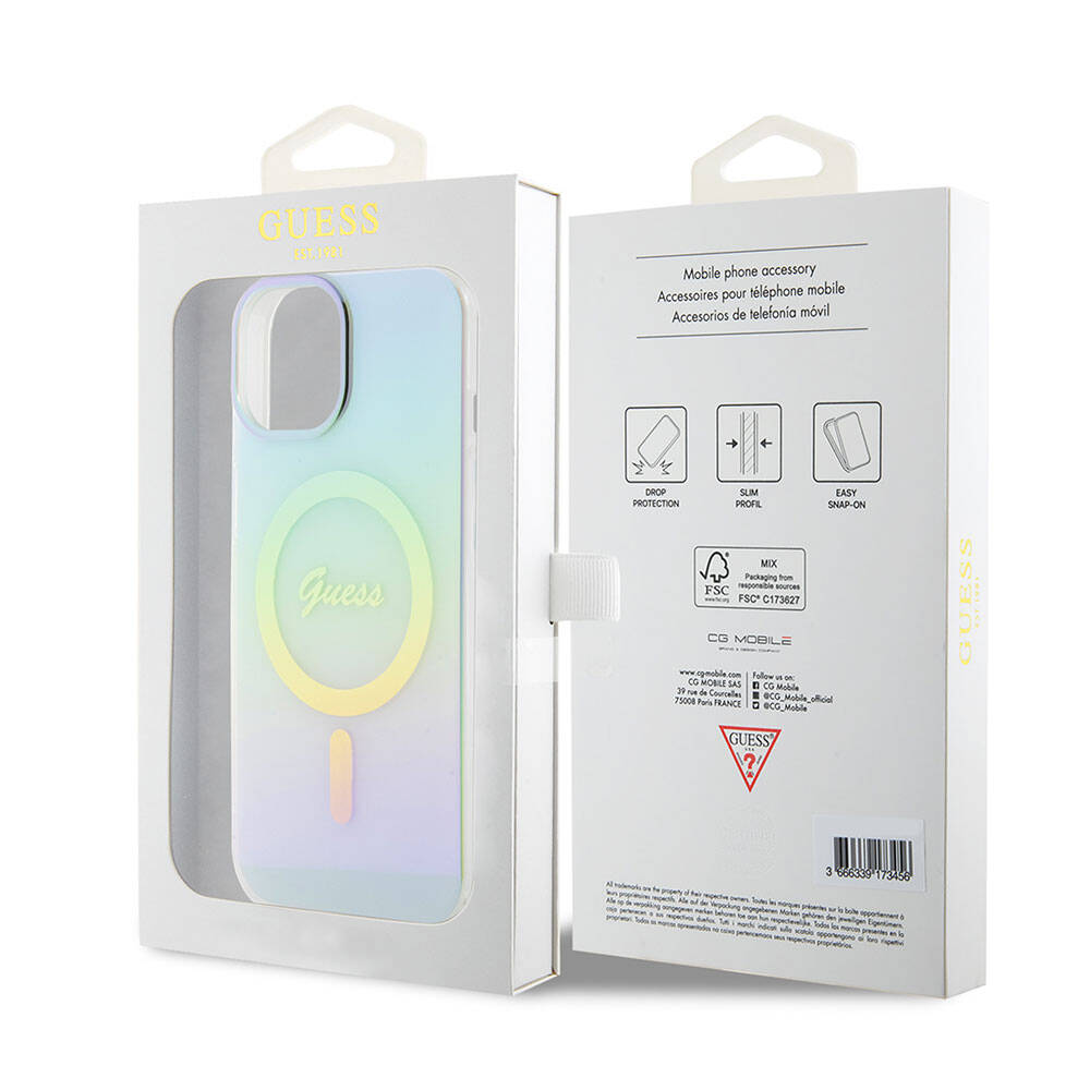 Apple iPhone 15 Kılıf Guess Orjinal Lisanslı Magsafe Şarj Özellikli Yazı Logolu Iridescent Kapak Siyah