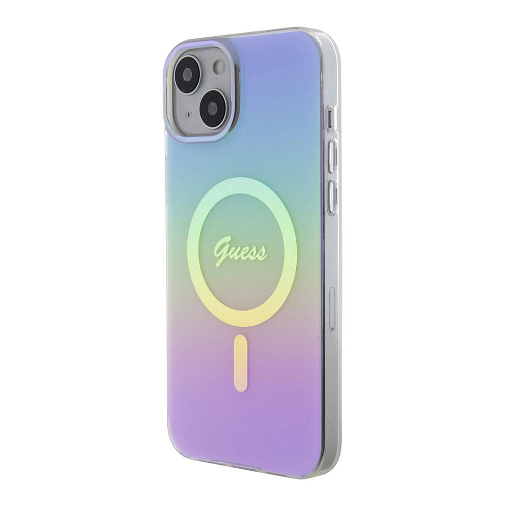 Apple iPhone 15 Kılıf Guess Orjinal Lisanslı Magsafe Şarj Özellikli Yazı Logolu Iridescent Kapak Siyah