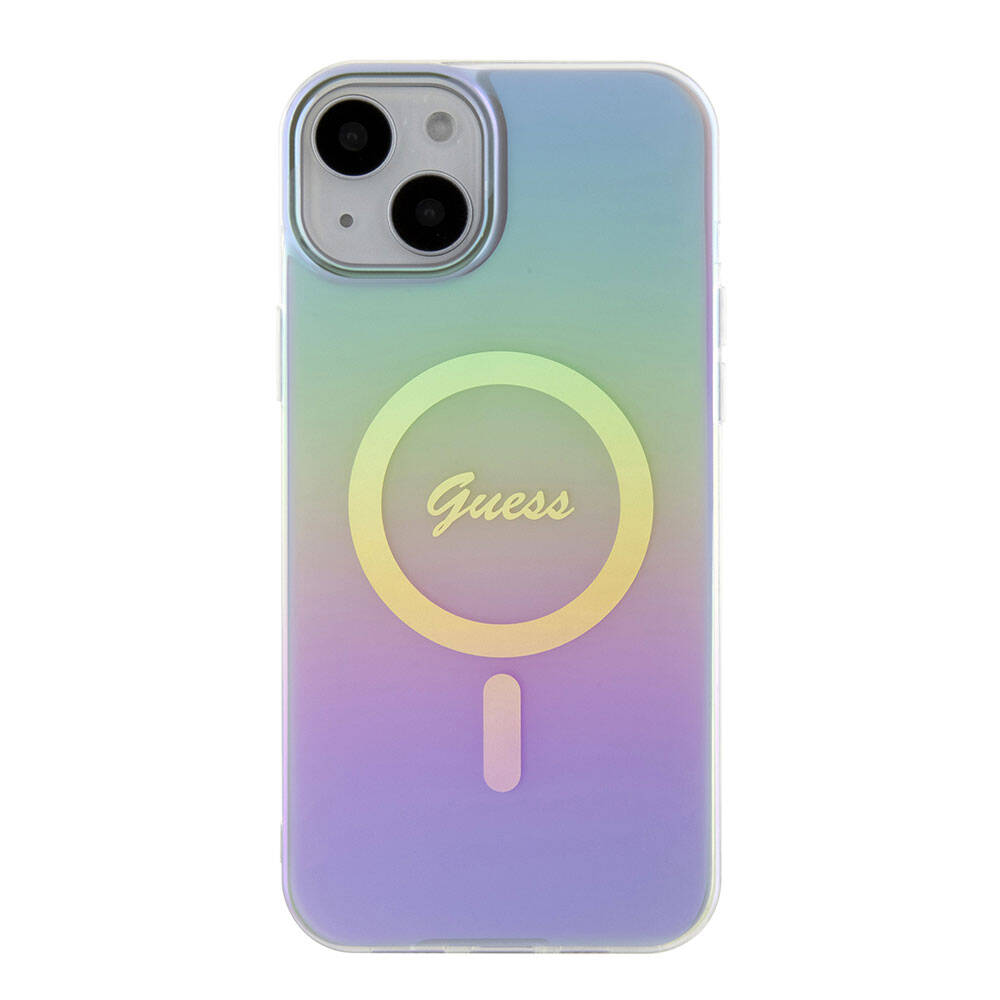 Apple iPhone 15 Kılıf Guess Orjinal Lisanslı Magsafe Şarj Özellikli Yazı Logolu Iridescent Kapak Siyah