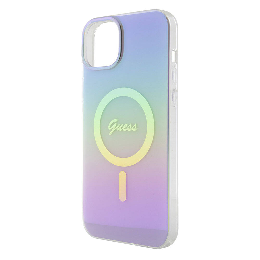 Apple iPhone 15 Kılıf Guess Orjinal Lisanslı Magsafe Şarj Özellikli Yazı Logolu Iridescent Kapak Siyah