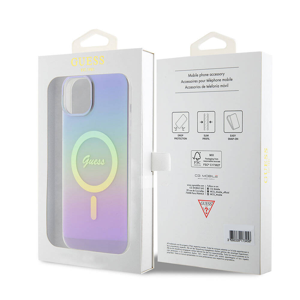 Apple iPhone 15 Kılıf Guess Orjinal Lisanslı Magsafe Şarj Özellikli Yazı Logolu Iridescent Kapak Siyah