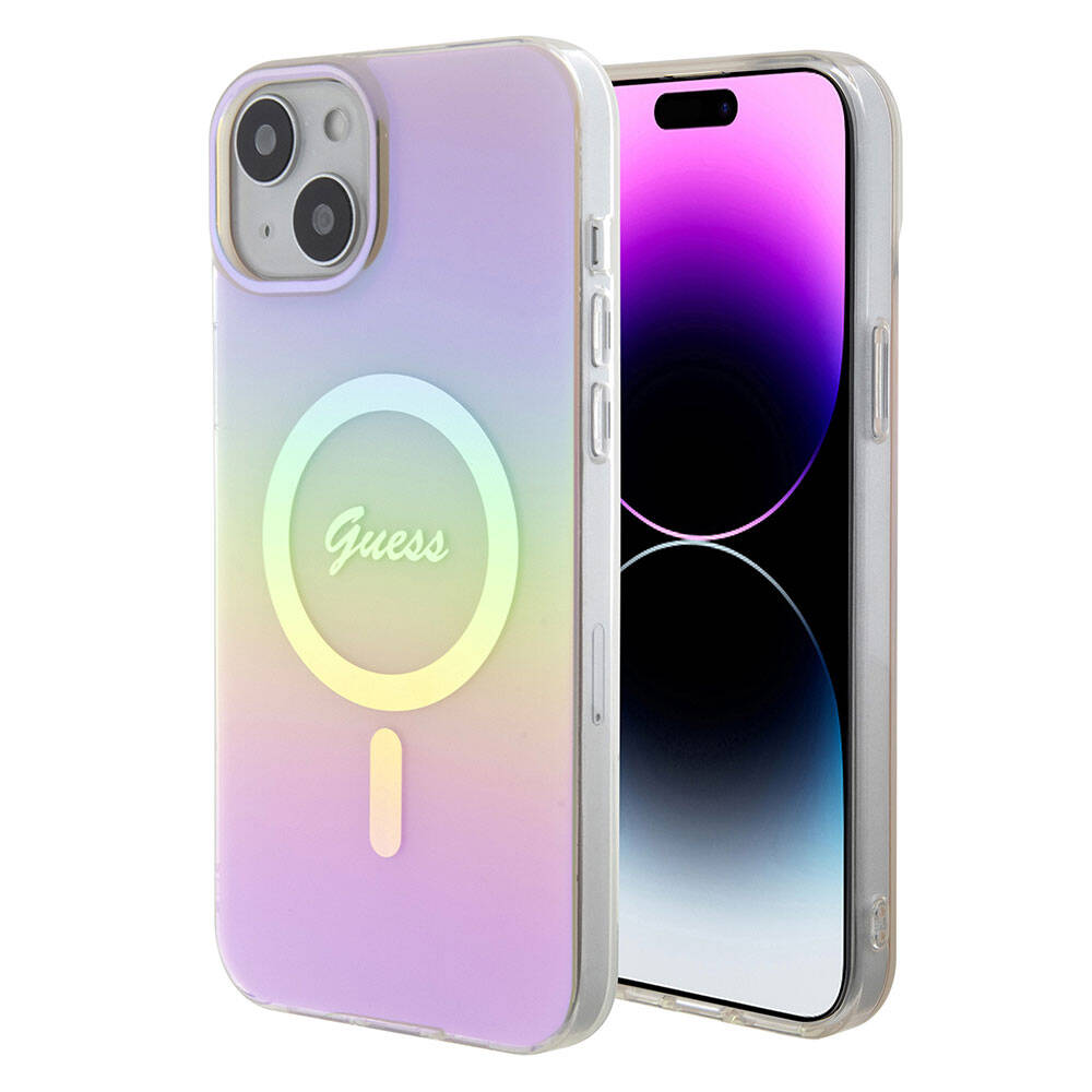 Apple iPhone 15 Kılıf Guess Orjinal Lisanslı Magsafe Şarj Özellikli Yazı Logolu Iridescent Kapak Siyah