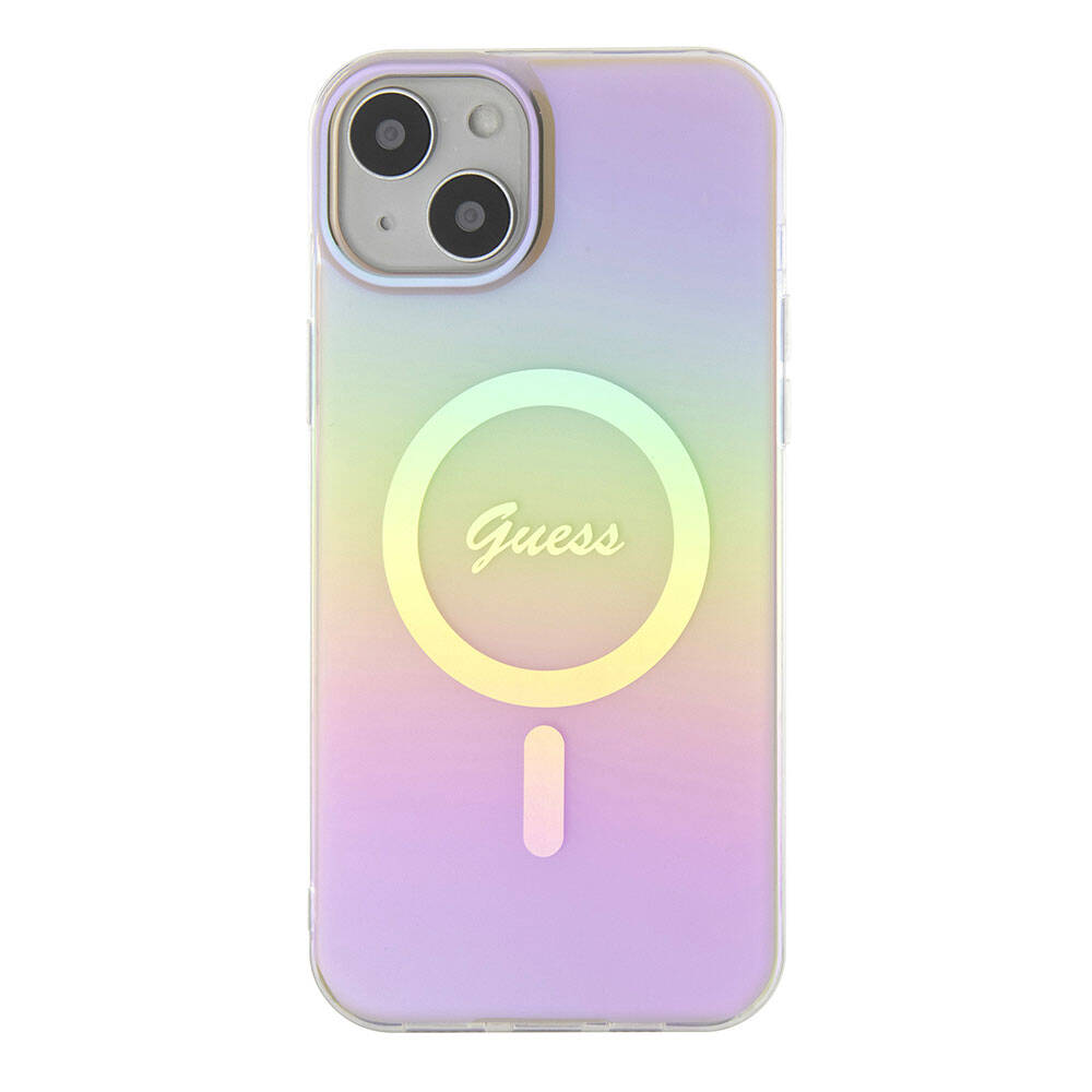 Apple iPhone 15 Kılıf Guess Orjinal Lisanslı Magsafe Şarj Özellikli Yazı Logolu Iridescent Kapak Siyah