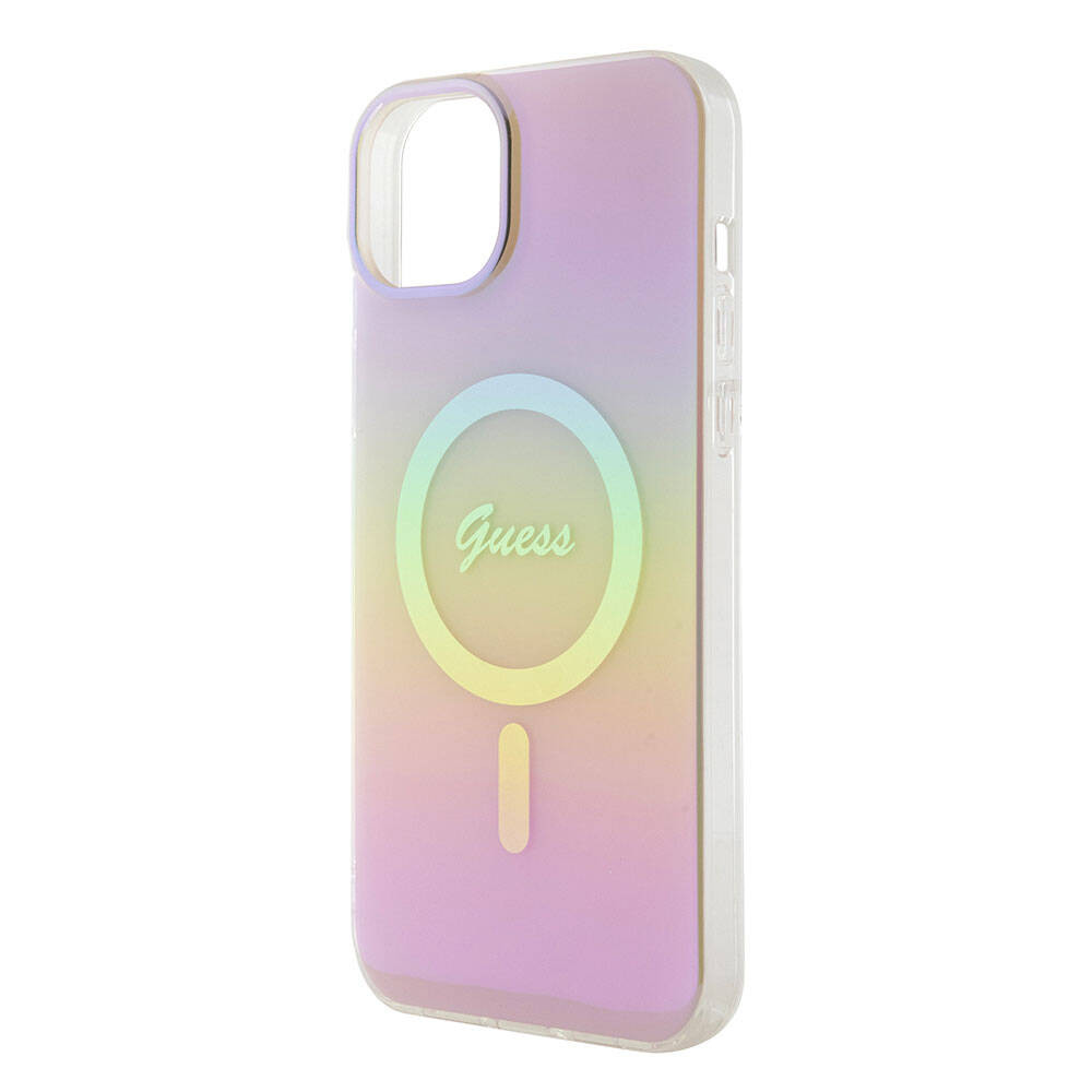 Apple iPhone 15 Kılıf Guess Orjinal Lisanslı Magsafe Şarj Özellikli Yazı Logolu Iridescent Kapak Siyah