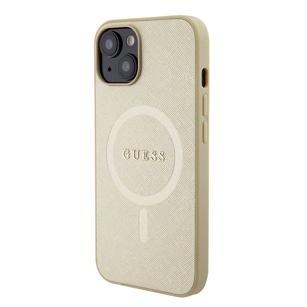 Apple iPhone 15 Kılıf Guess Orjinal Lisanslı Magsafe Şarj Özellikli Yazı Logolu Saffiano Kapak Krem