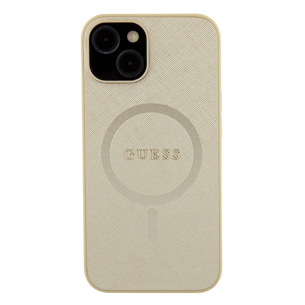 Apple iPhone 15 Kılıf Guess Orjinal Lisanslı Magsafe Şarj Özellikli Yazı Logolu Saffiano Kapak Krem
