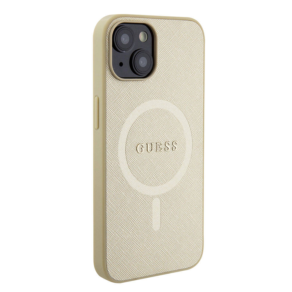 Apple iPhone 15 Kılıf Guess Orjinal Lisanslı Magsafe Şarj Özellikli Yazı Logolu Saffiano Kapak Krem