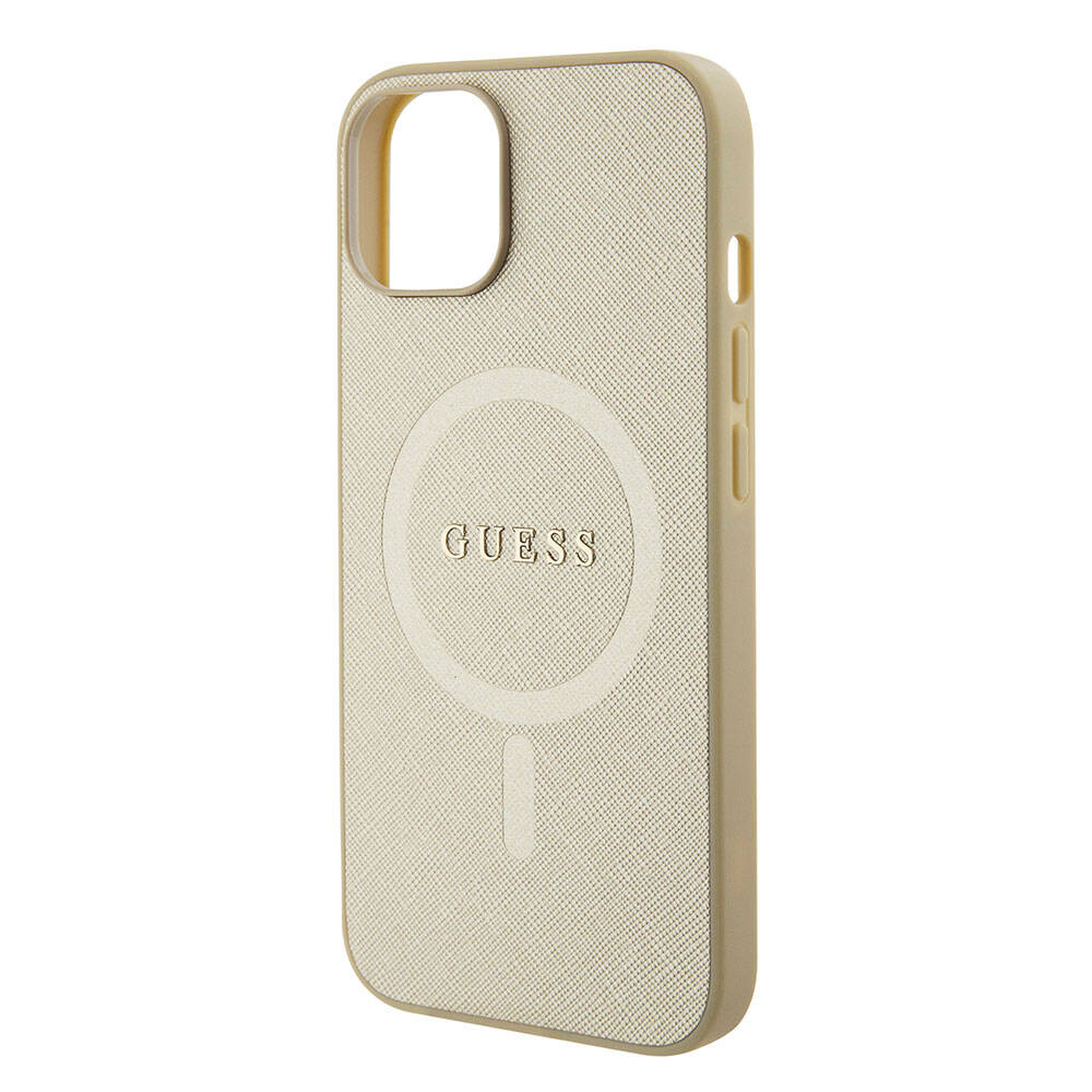 Apple iPhone 15 Kılıf Guess Orjinal Lisanslı Magsafe Şarj Özellikli Yazı Logolu Saffiano Kapak Krem