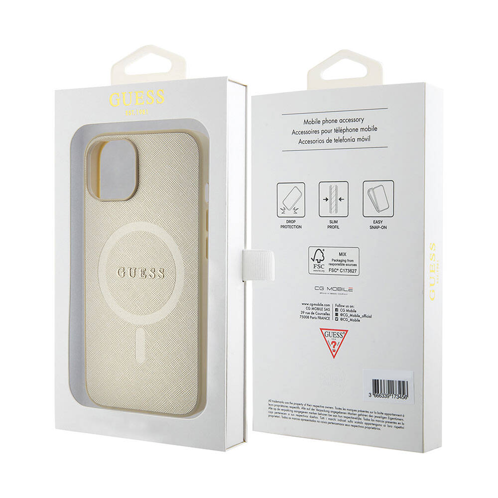 Apple iPhone 15 Kılıf Guess Orjinal Lisanslı Magsafe Şarj Özellikli Yazı Logolu Saffiano Kapak Krem
