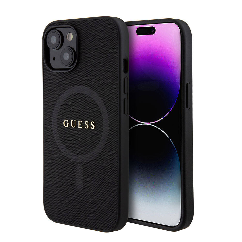 Apple iPhone 15 Kılıf Guess Orjinal Lisanslı Magsafe Şarj Özellikli Yazı Logolu Saffiano Kapak Mor