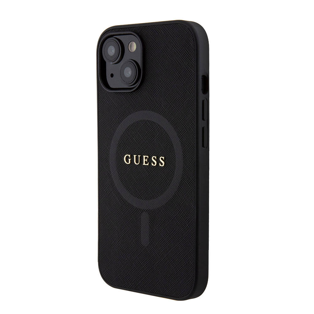 Apple iPhone 15 Kılıf Guess Orjinal Lisanslı Magsafe Şarj Özellikli Yazı Logolu Saffiano Kapak Mor