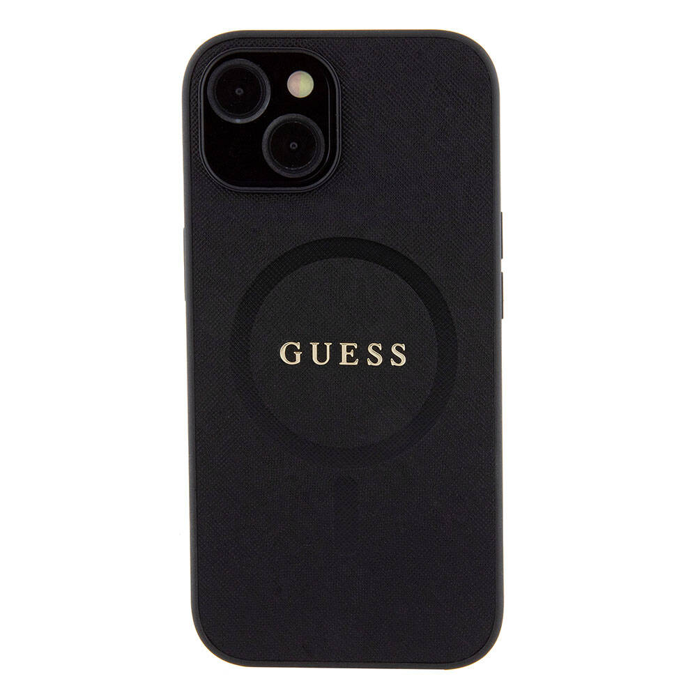 Apple iPhone 15 Kılıf Guess Orjinal Lisanslı Magsafe Şarj Özellikli Yazı Logolu Saffiano Kapak Mor
