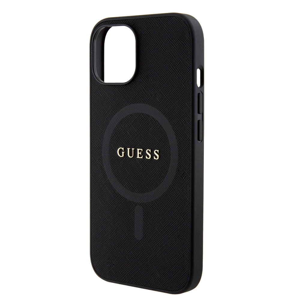 Apple iPhone 15 Kılıf Guess Orjinal Lisanslı Magsafe Şarj Özellikli Yazı Logolu Saffiano Kapak Mor