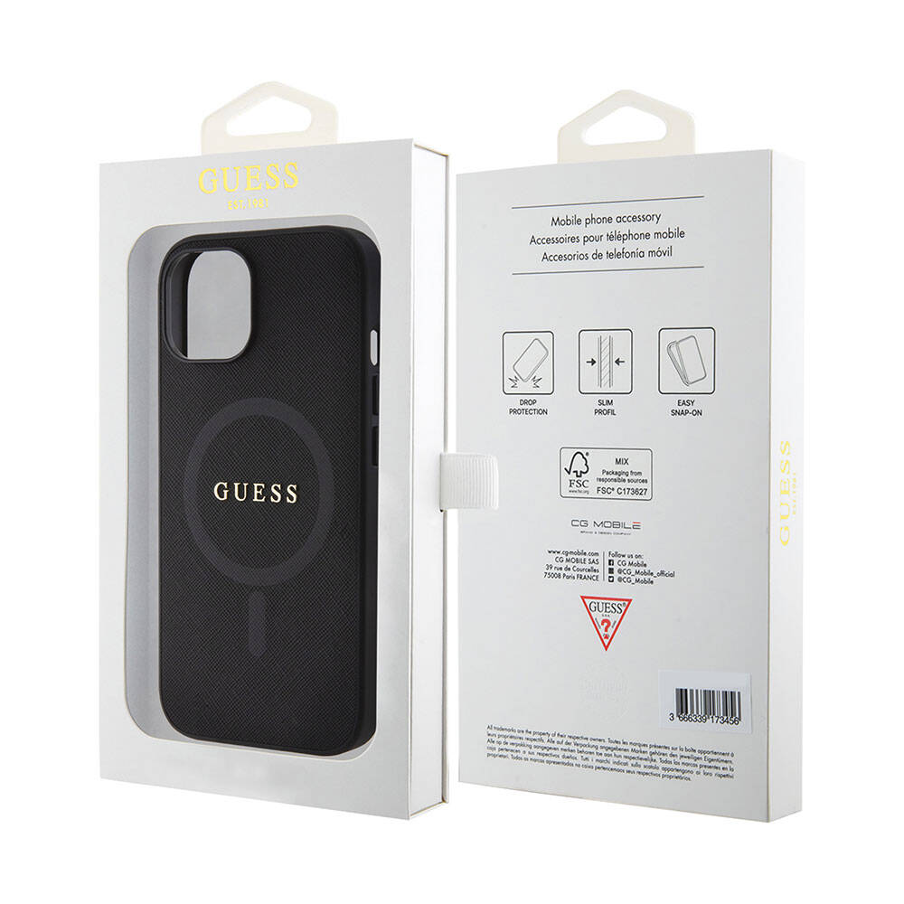 Apple iPhone 15 Kılıf Guess Orjinal Lisanslı Magsafe Şarj Özellikli Yazı Logolu Saffiano Kapak Mor