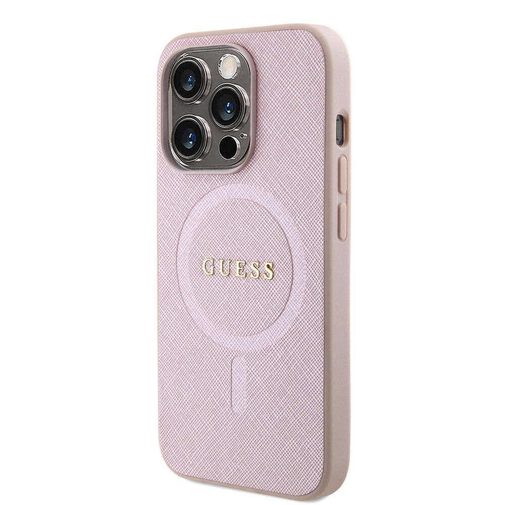 Apple iPhone 15 Kılıf Guess Orjinal Lisanslı Magsafe Şarj Özellikli Yazı Logolu Saffiano Kapak Mor