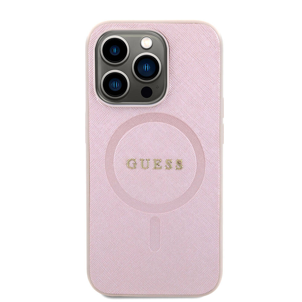 Apple iPhone 15 Kılıf Guess Orjinal Lisanslı Magsafe Şarj Özellikli Yazı Logolu Saffiano Kapak Mor