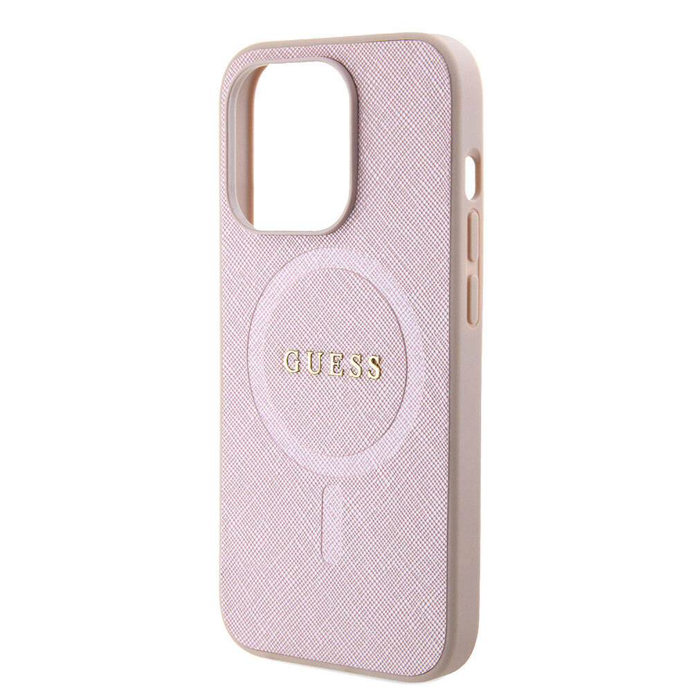 Apple iPhone 15 Kılıf Guess Orjinal Lisanslı Magsafe Şarj Özellikli Yazı Logolu Saffiano Kapak Mor