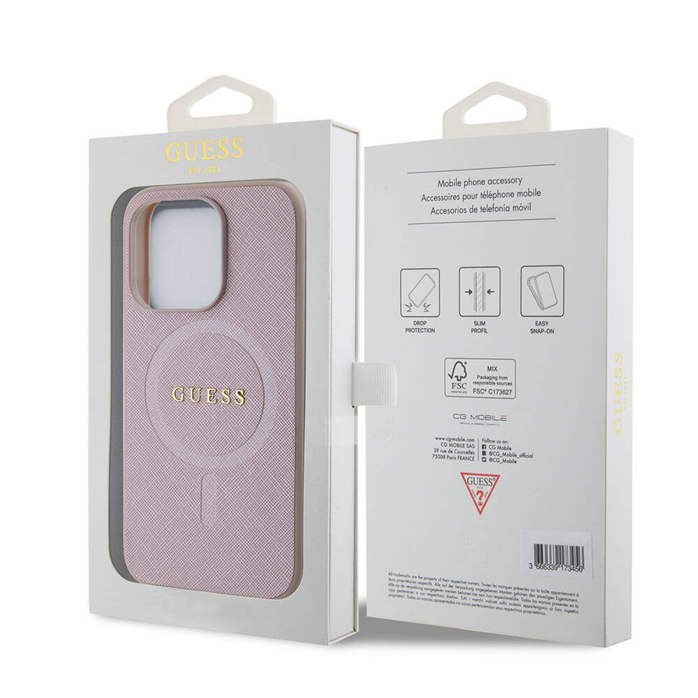 Apple iPhone 15 Kılıf Guess Orjinal Lisanslı Magsafe Şarj Özellikli Yazı Logolu Saffiano Kapak Mor