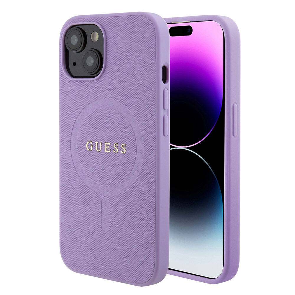 Apple iPhone 15 Kılıf Guess Orjinal Lisanslı Magsafe Şarj Özellikli Yazı Logolu Saffiano Kapak Mor