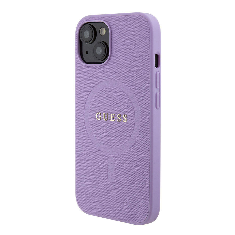 Apple iPhone 15 Kılıf Guess Orjinal Lisanslı Magsafe Şarj Özellikli Yazı Logolu Saffiano Kapak Mor