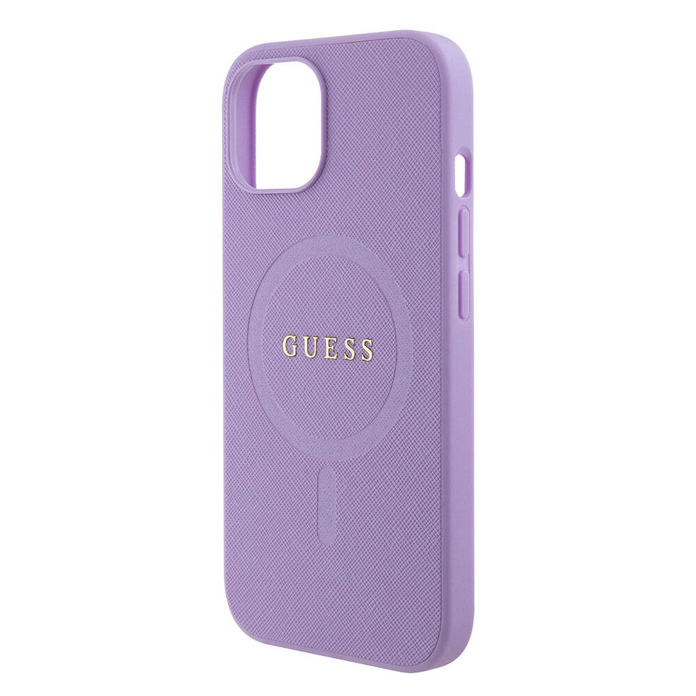 Apple iPhone 15 Kılıf Guess Orjinal Lisanslı Magsafe Şarj Özellikli Yazı Logolu Saffiano Kapak Mor