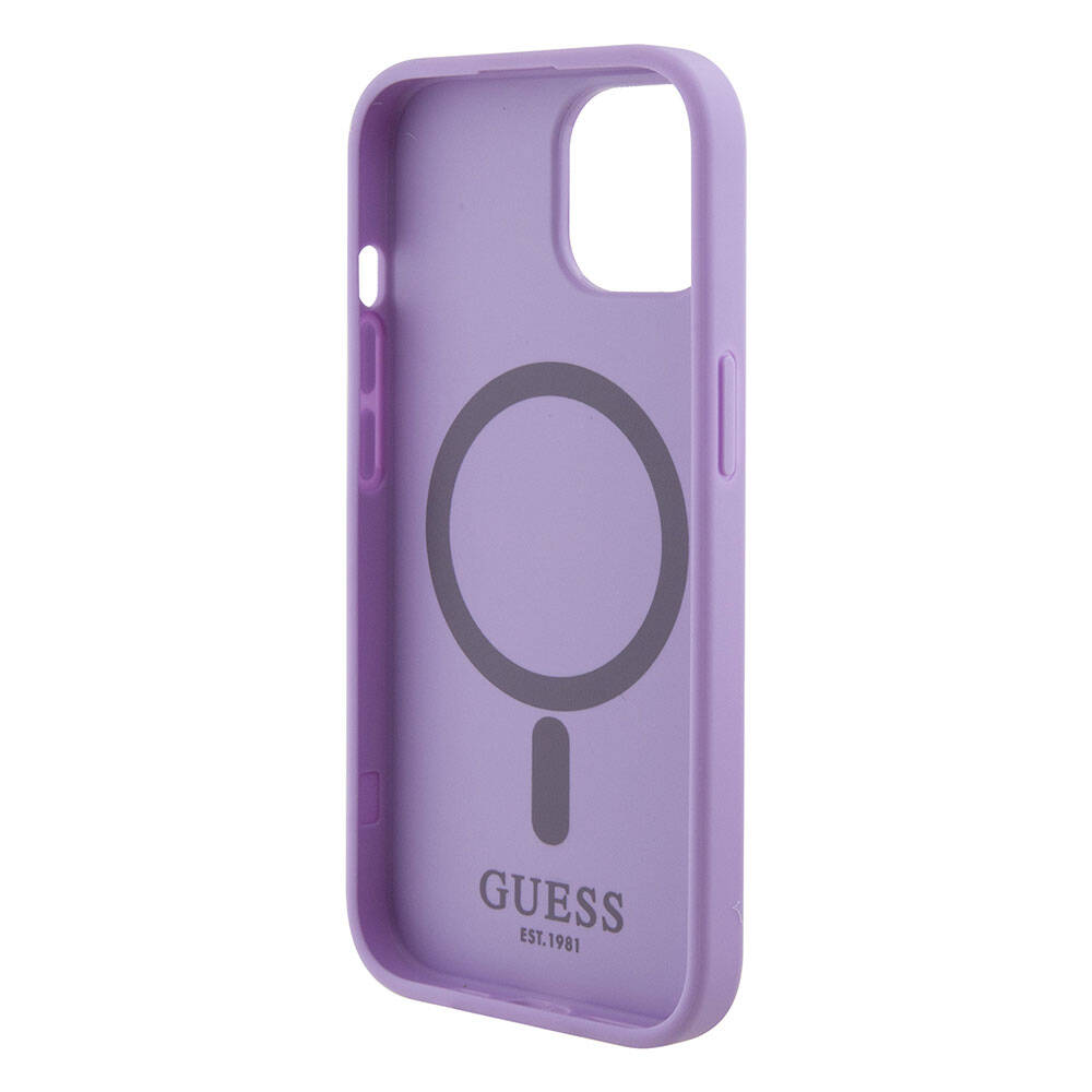 Apple iPhone 15 Kılıf Guess Orjinal Lisanslı Magsafe Şarj Özellikli Yazı Logolu Saffiano Kapak Mor