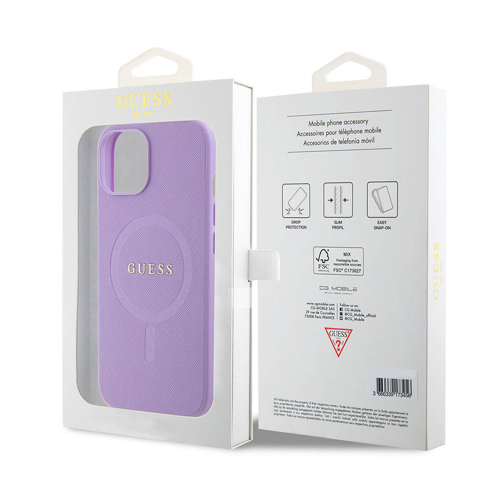 Apple iPhone 15 Kılıf Guess Orjinal Lisanslı Magsafe Şarj Özellikli Yazı Logolu Saffiano Kapak Mor