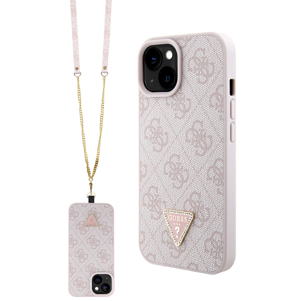 Apple iPhone 15 Kılıf Guess Orjinal Lisanslı PU Deri Taşlı Metal Üçgen Logolu Çapraz Vücut Askılı 4G Desenli Kapak Pembe
