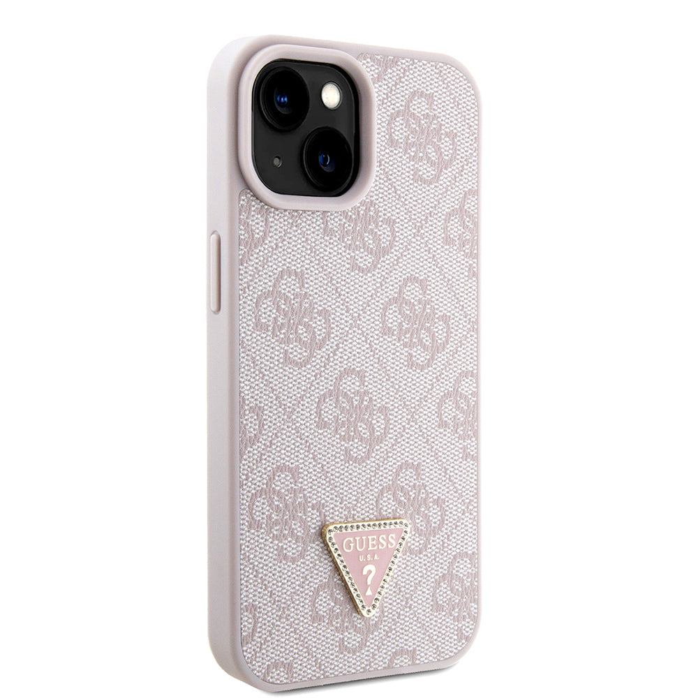Apple iPhone 15 Kılıf Guess Orjinal Lisanslı PU Deri Taşlı Metal Üçgen Logolu Çapraz Vücut Askılı 4G Desenli Kapak Pembe