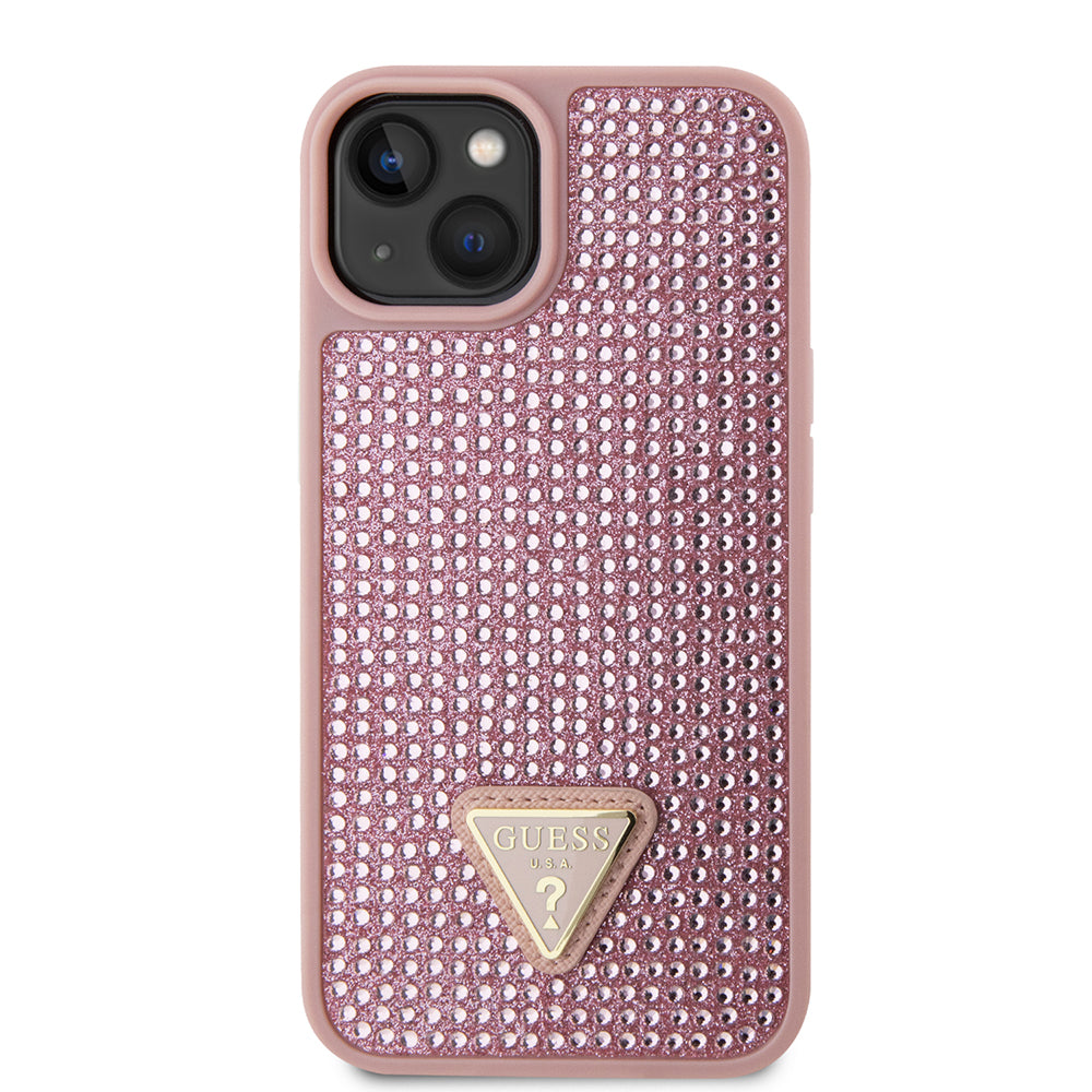 Apple iPhone 15 Kılıf Guess Orjinal Lisanslı Taşlı Arka Yüzey Üçgen Logolu Kapak Pembe