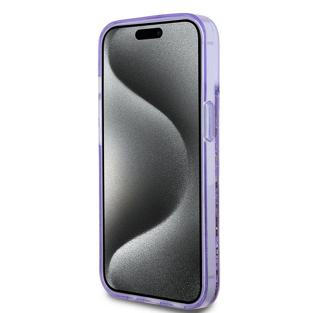Apple iPhone 15 Kılıf Guess Orjinal Lisanslı Transparan Sıvılı Simli Altın Çizgili Kapak Mor