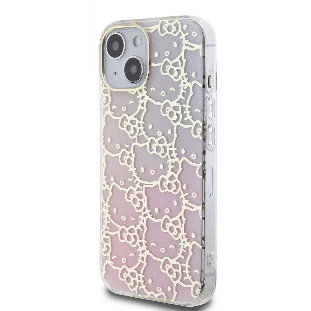iPhone 15 Kılıf Hello Kitty Orjinal Lisanslı Renk Geçişli Elektroplating Kaplama Kitty Head Desenli Kılıf Pembe